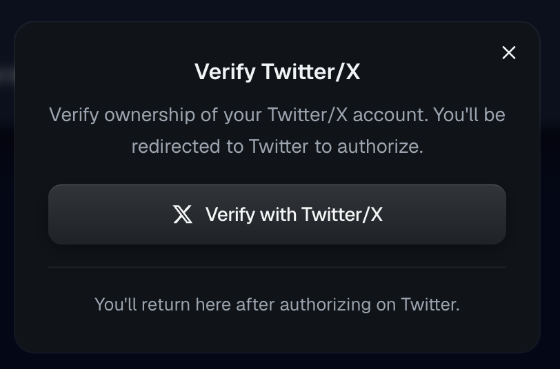 The verify dialog — tap “Verify with Twitter/X” and authorize on X.