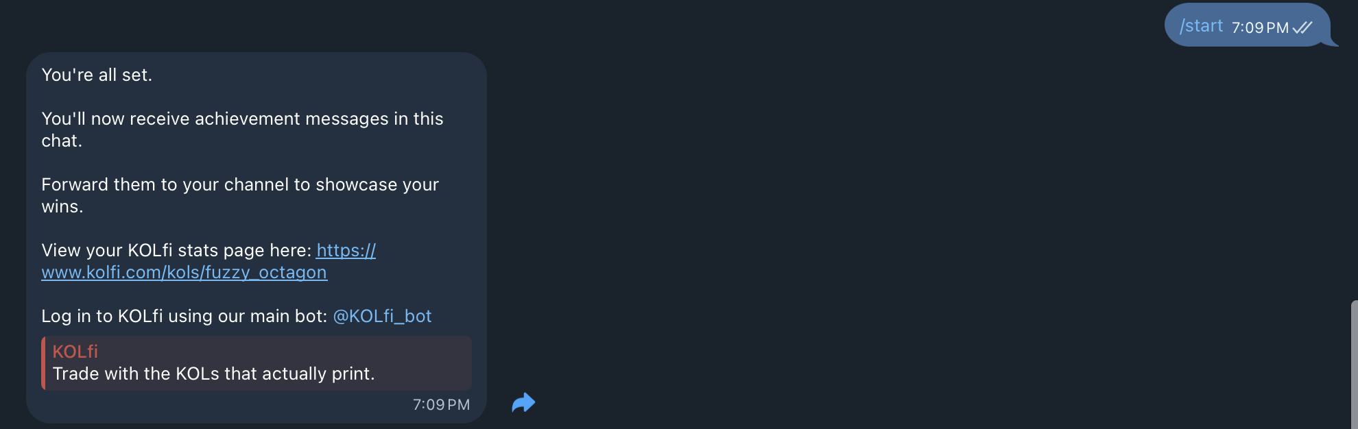 @kolfi_kol_bot confirms you're all set — achievement messages arrive in this chat.