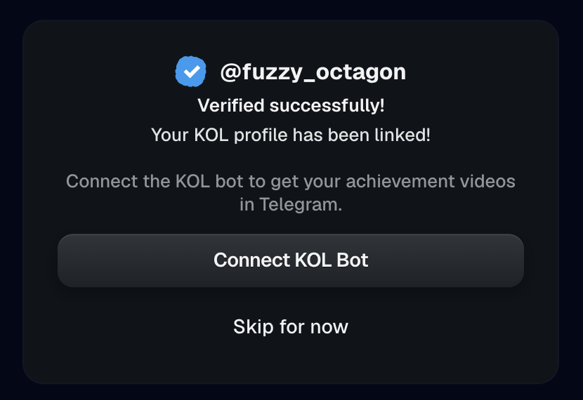 Verified — your KOL profile is linked, and you're prompted to connect the KOL bot next.