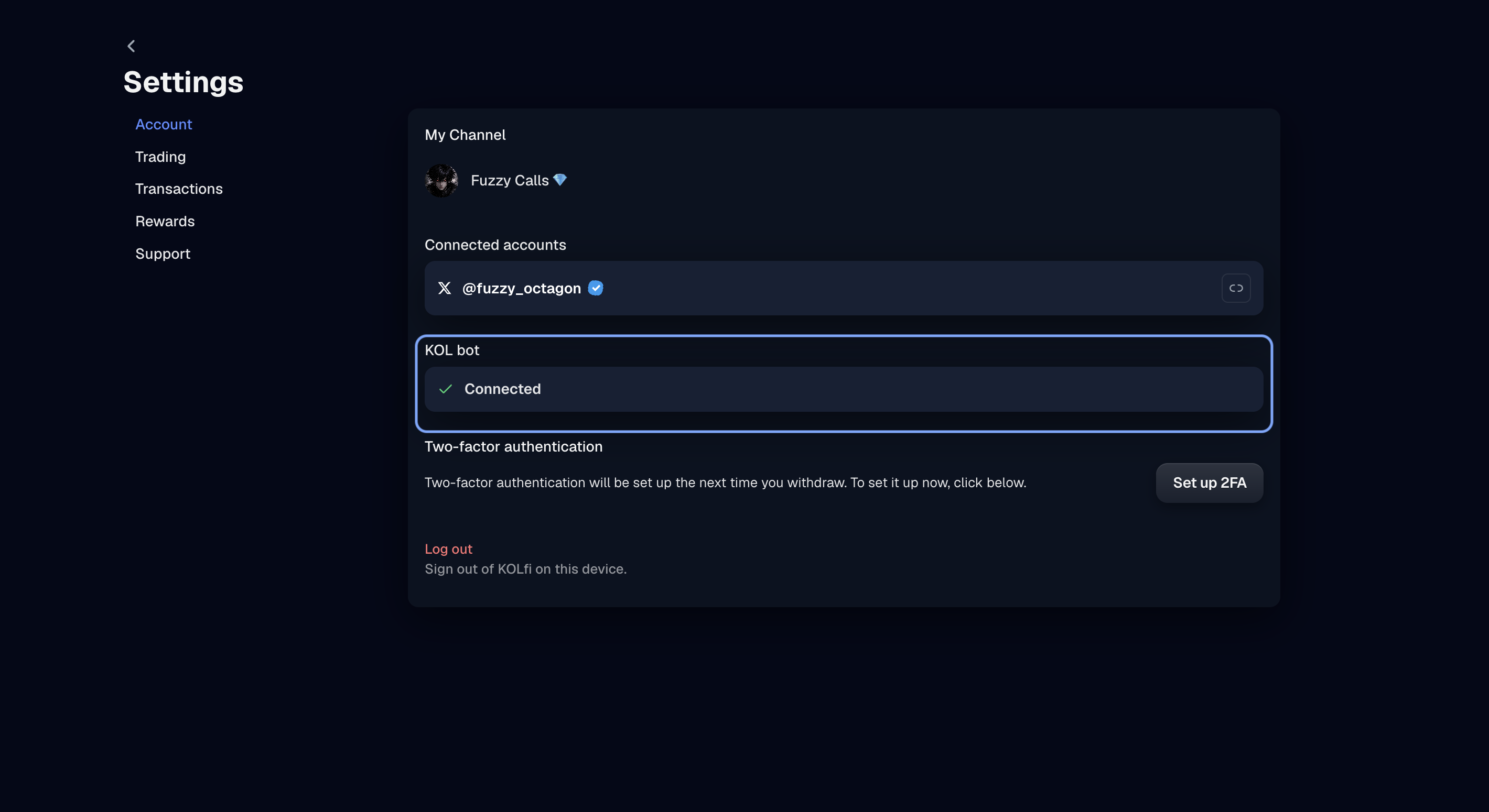 Back in Settings, the KOL bot now shows “Connected”.