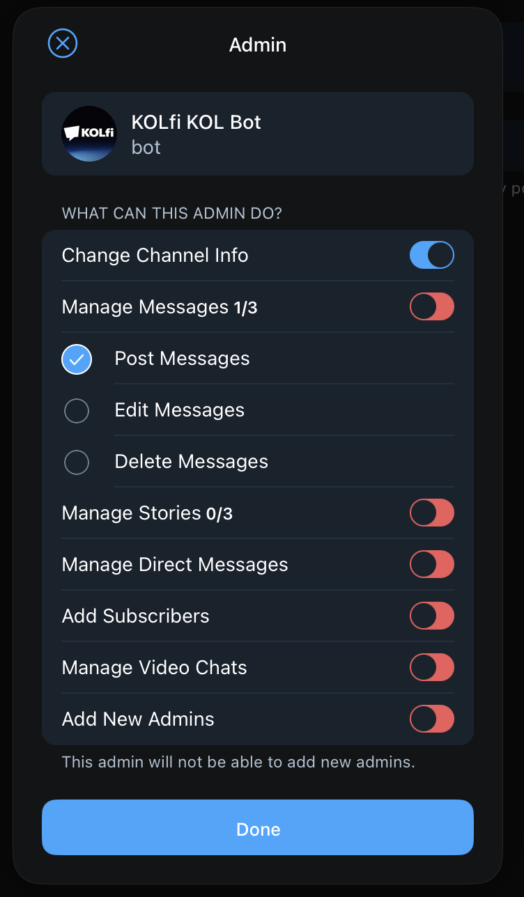 Turn on the “Post Messages” permission for @kolfi_kol_bot, then tap Done.