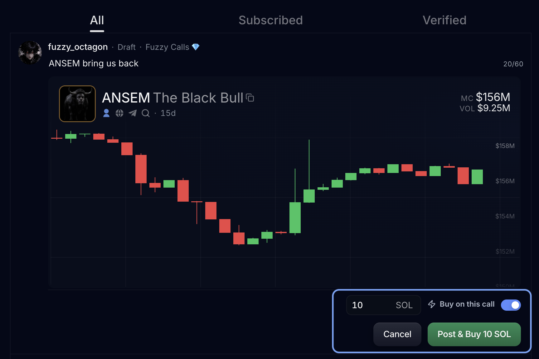 Post & Buy posts the call and buys for you in one tap — that buy counts toward the call's Community PnL.